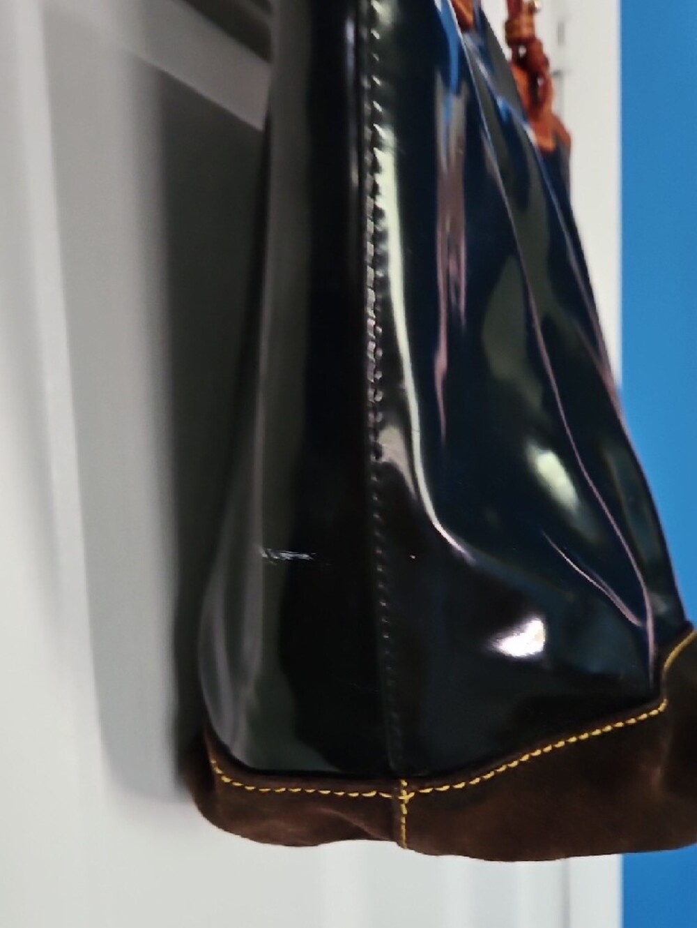 Dooney & Bourke Black Patent Tote with Brown Trim and Handles - Picture 5 of 8
